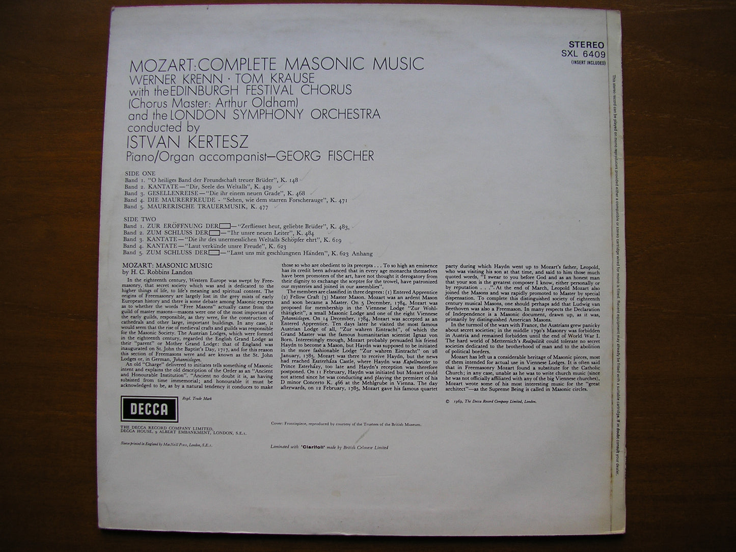 SXL 6409 MOZART: COMPLETE MASONIC MUSIC     KERTESZ / LONDON SYMPHONY    ED3