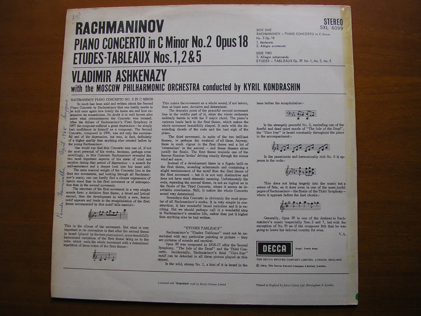 RACHMANINOV: PIANO CONCERTO No. 2       ASHKENAZY / MOSCOW PHILHARMONIC / KONDRASHIN      SXL 6099