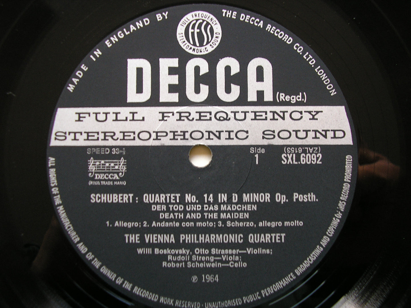 SCHUBERT: QUARTET IN D 'Death & The Maiden' / QUARTET in E     VIENNA PHILHARMONIC QUARTET     SXL 6092