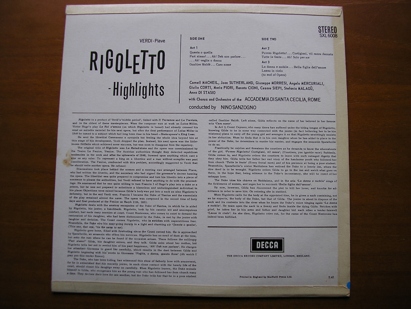 SXL 6008  VERDI: RIGOLETTO    highlights    MACNEIL / SUTHERLAND / CIONI / SANTA CECILIA / SANZOGNO     ED 1          IA ROME /