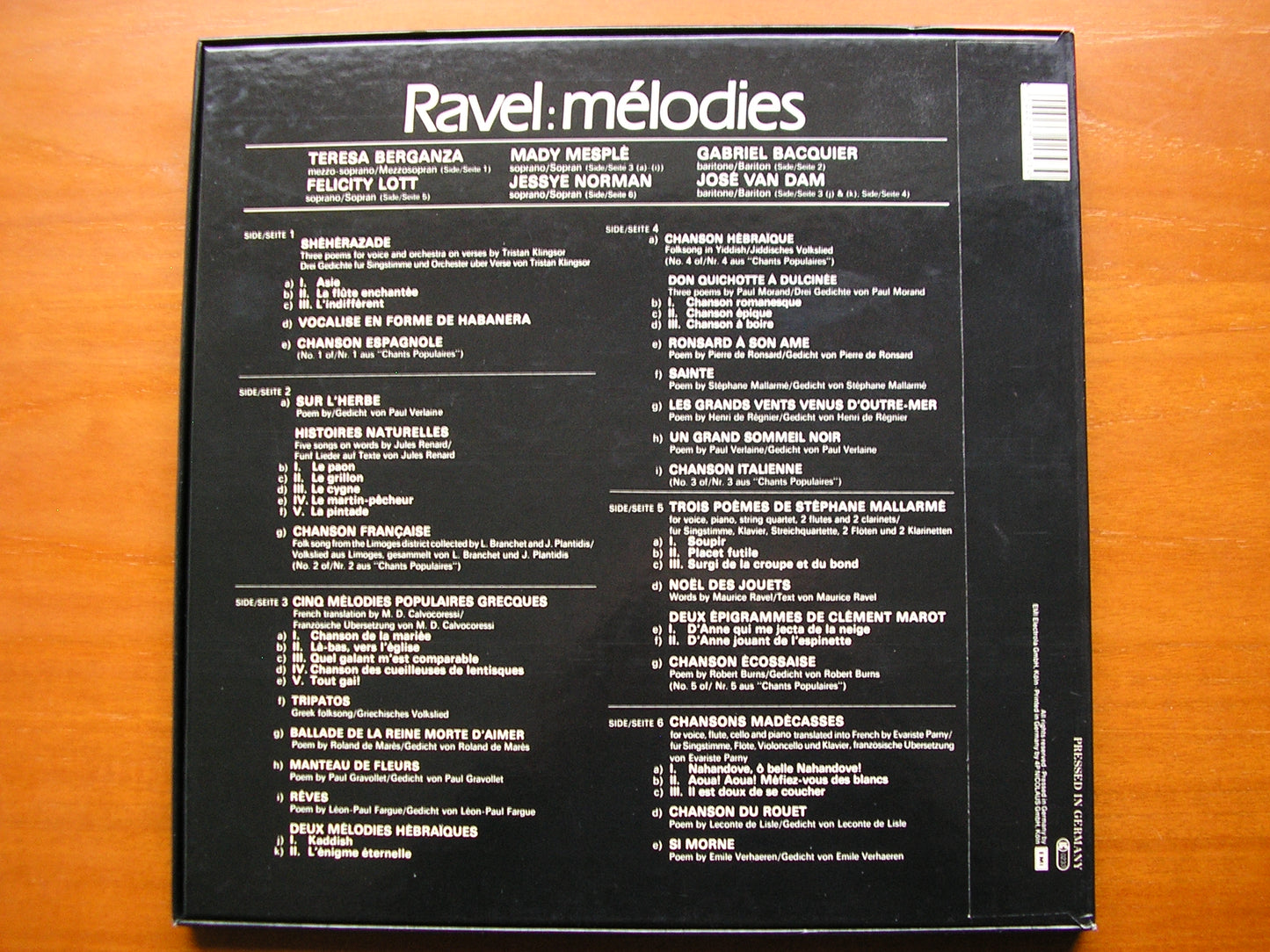 RAVEL: SONGS    BERGANZA / LOTT / MESPLE / NORMAN / BACQUIER / VAN DAM / BALDWIN / TOULOUSE ORCHESTRA / PLASSON     3LP    27 0139