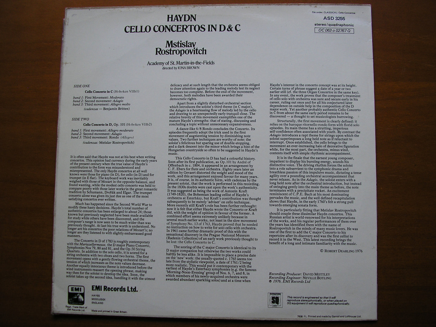 HAYDN: CELLO CONCERTOS in C  &  D      ROSTROPOVICH / ASMIF / BROWN     ASD 3255