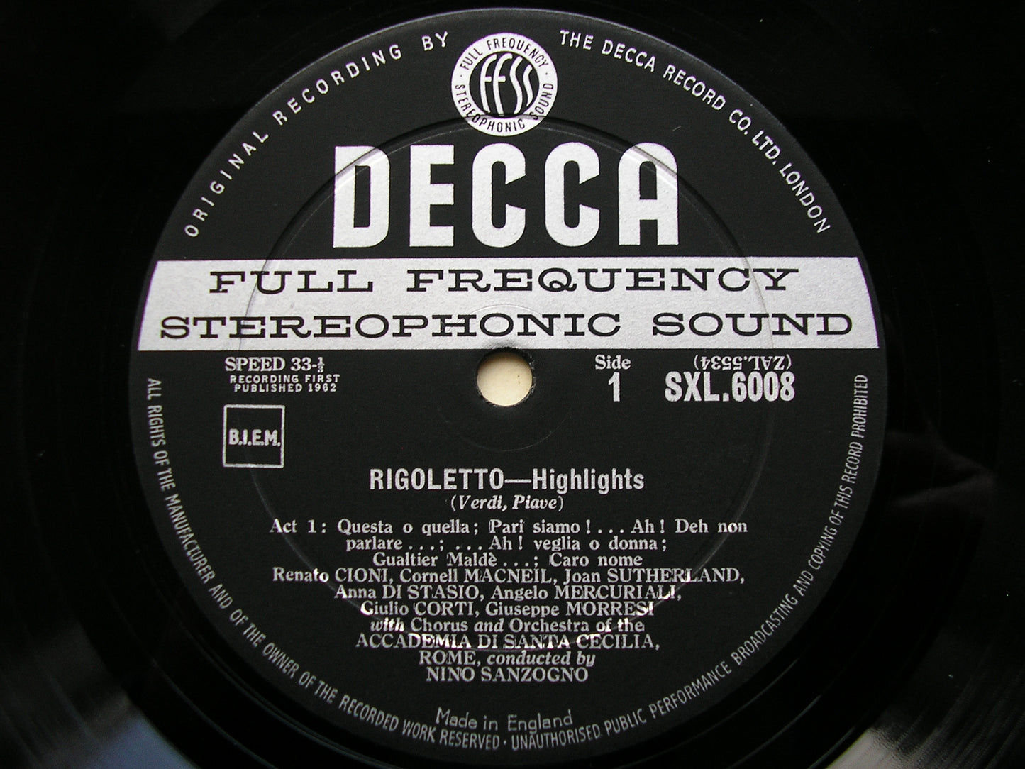 SXL 6008  VERDI: RIGOLETTO    highlights    MACNEIL / SUTHERLAND / CIONI / SANTA CECILIA / SANZOGNO     ED 1          IA ROME /