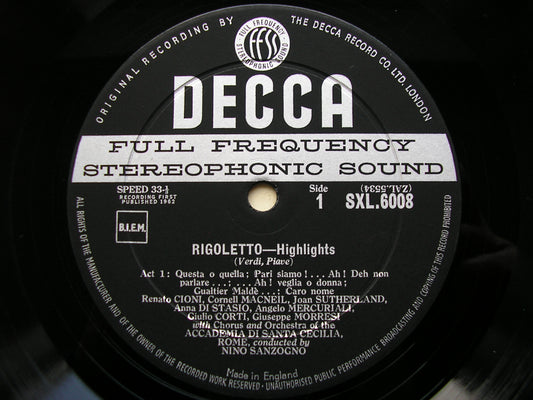 SXL 6008  VERDI: RIGOLETTO    highlights    MACNEIL / SUTHERLAND / CIONI / SANTA CECILIA / SANZOGNO     ED 1          IA ROME /
