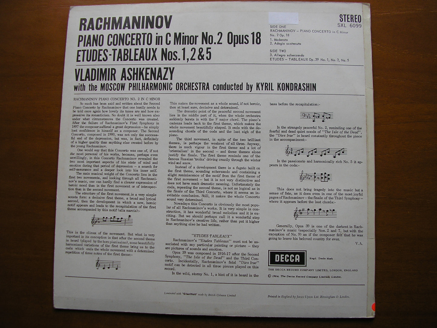 RACHMANINOV: PIANO CONCERTO No. 2      ASHKENAZY / MOSCOW PHILHARMONIC / KONDRASHIN      SXL 6099
