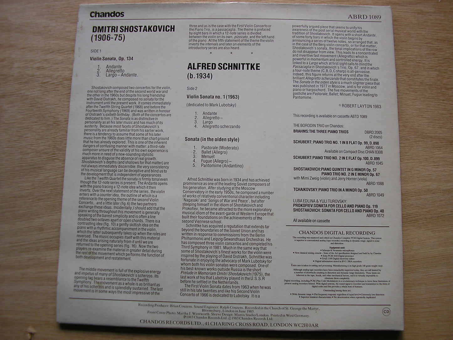 SHOSTAKOVICH: VIOLIN SONATA Op. 134 / SCHNITTKE: VIOLIN SONATA No. 1 / SONATA      EDLINA / DUBINSKY     ABRD 1089