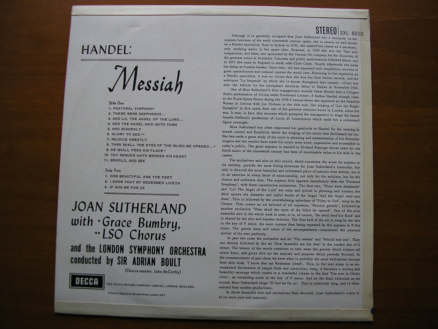 SXL 6010  HANDEL: MESSIAH   highlights      SUTHERLAND / BUMBRY / LONDON SYMPHONY / BOULT     ED 1