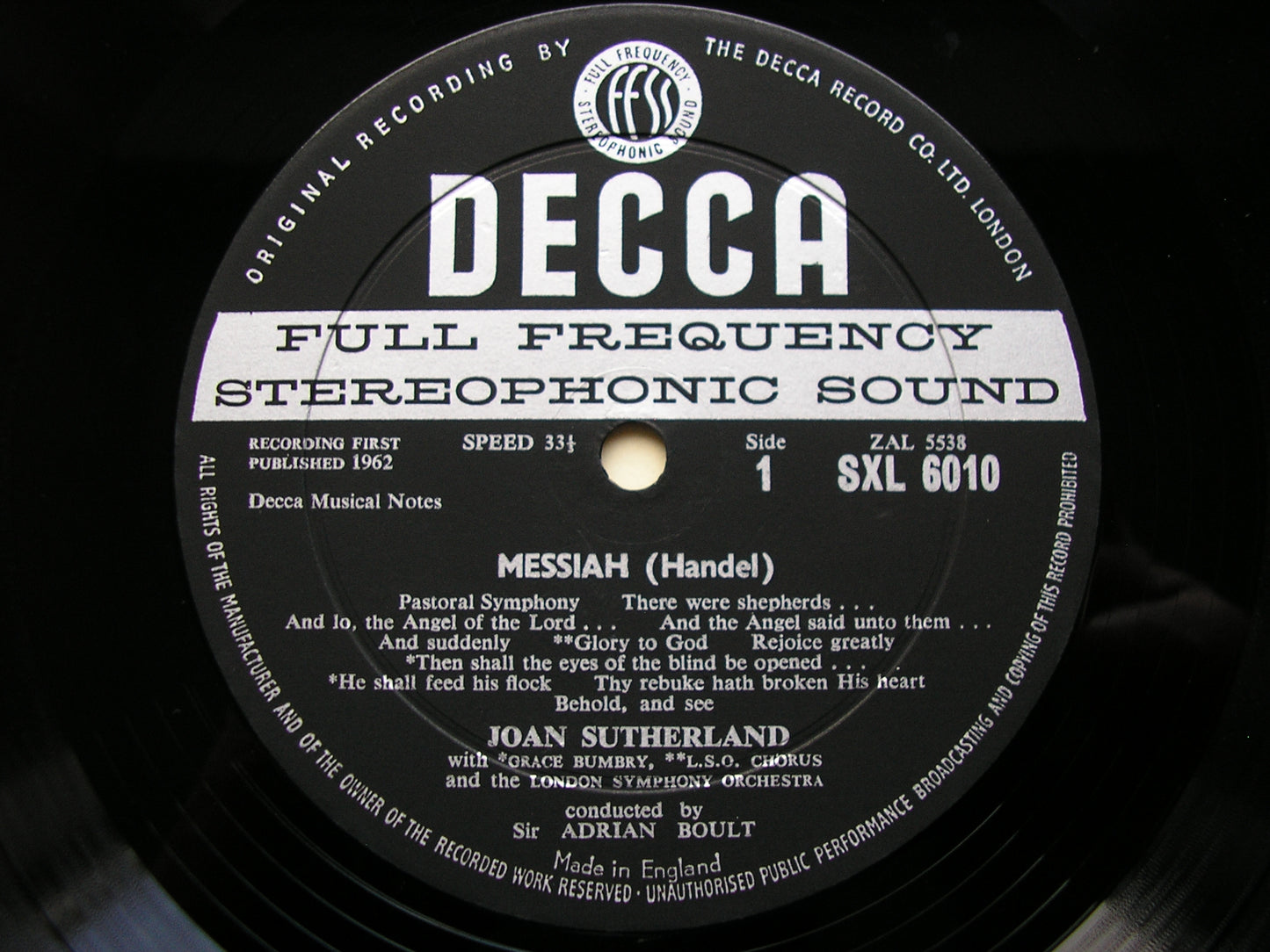 SXL 6010  HANDEL: MESSIAH   highlights      SUTHERLAND / BUMBRY / LONDON SYMPHONY / BOULT     ED 1