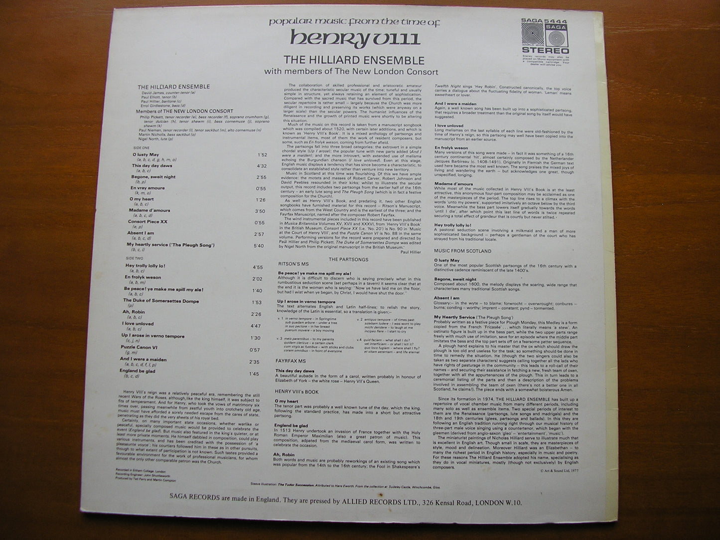 MUSIC FROM THE TIME OF HENRY VIII        THE HILLIARD ENSEMBLE / NEW LONDON CONSORT      SAGA 5444