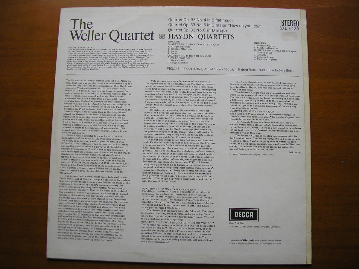 HAYDN: STRING QUARTETS Op. 33  Nos. 4 / 5 / 6      WELLER QUARTET      SXL 6183