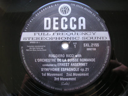 LALO: SYMPHONIE ESPAGNOLE / RAVEL: TZIGANE     RICCI / SUISSE ROMANDE / ANSERMET     SXL 2155