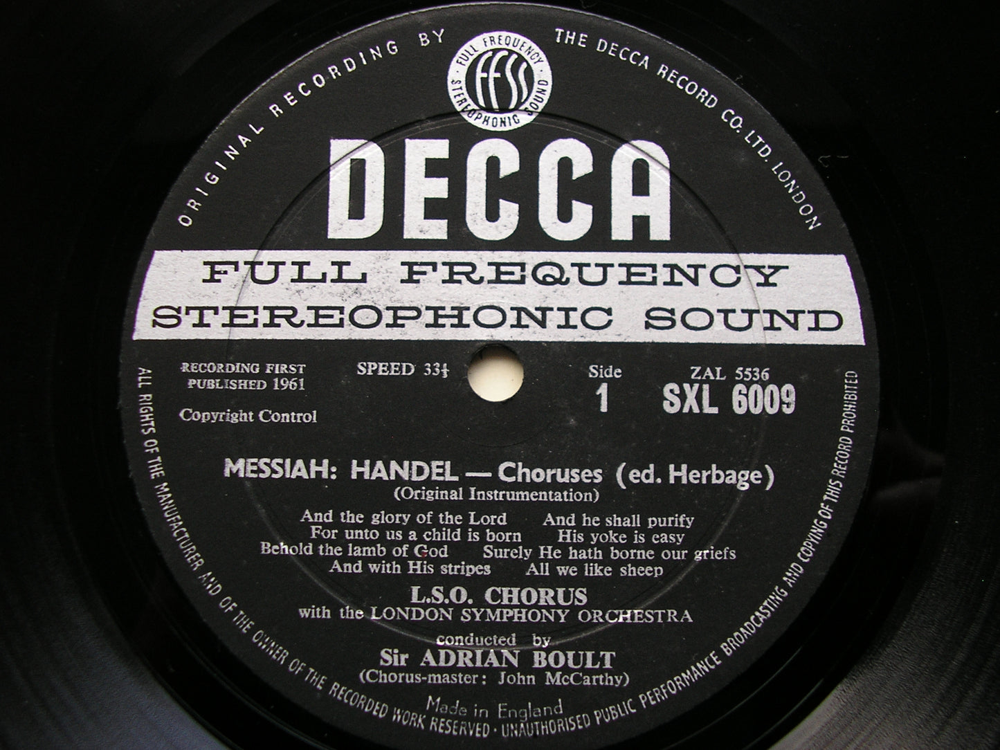 SXL 6009  HANDEL: MESSIAH   Choruses     LONDON SYMPHONY CHOIR & ORCHESTRA     SIR ADRIAN BOULT     ED 1