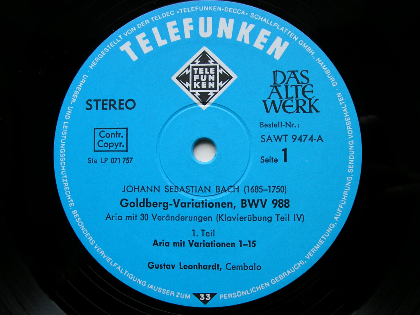 BACH: GOLDBERG VARIATIONS  (1740)     GUSTAV LEONHARDT    SAWT 9474