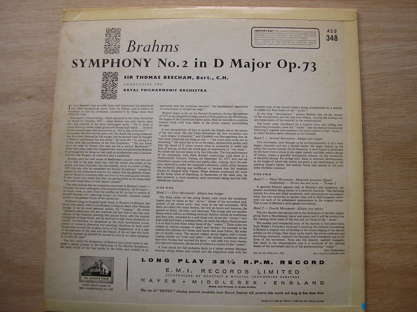 BRAHMS: SYMPHONY No. 2       BEECHAM / ROYAL PHILHARMONIC     ASD 348