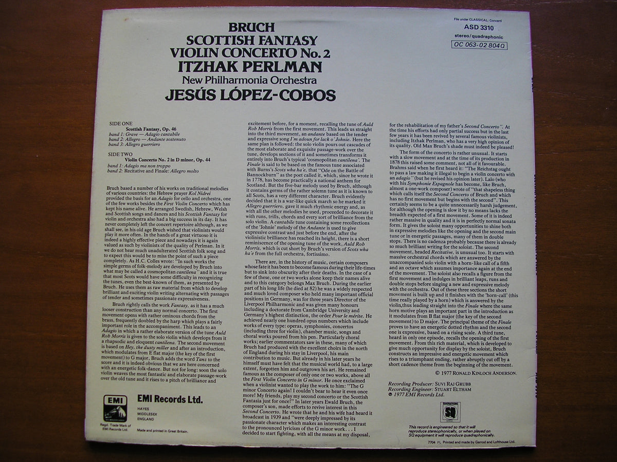 BRUCH: SCOTTISH FANTASY / VIOLIN CONCERTO No. 2       PERLMAN / NEW PHILHARMONIA / LOPEZ-COBOS      ASD 3310