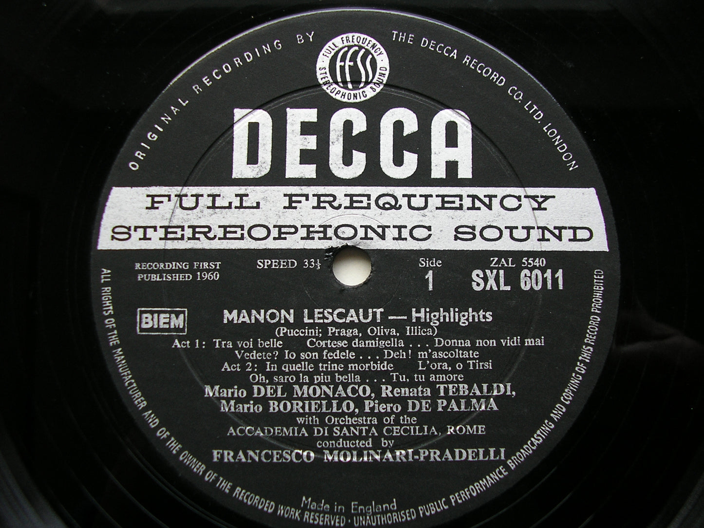 SXL 6011  PUCCINI: MANON LESCAUT   highlights  TEBALDI / DEL MONACO / SANTA CECILIA / MOLINARI-PRADELLI     ED 1