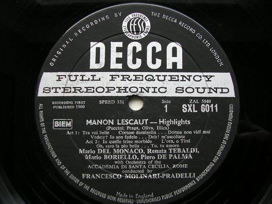SXL 6011  PUCCINI: MANON LESCAUT   highlights  TEBALDI / DEL MONACO / SANTA CECILIA / MOLINARI-PRADELLI     ED 1
