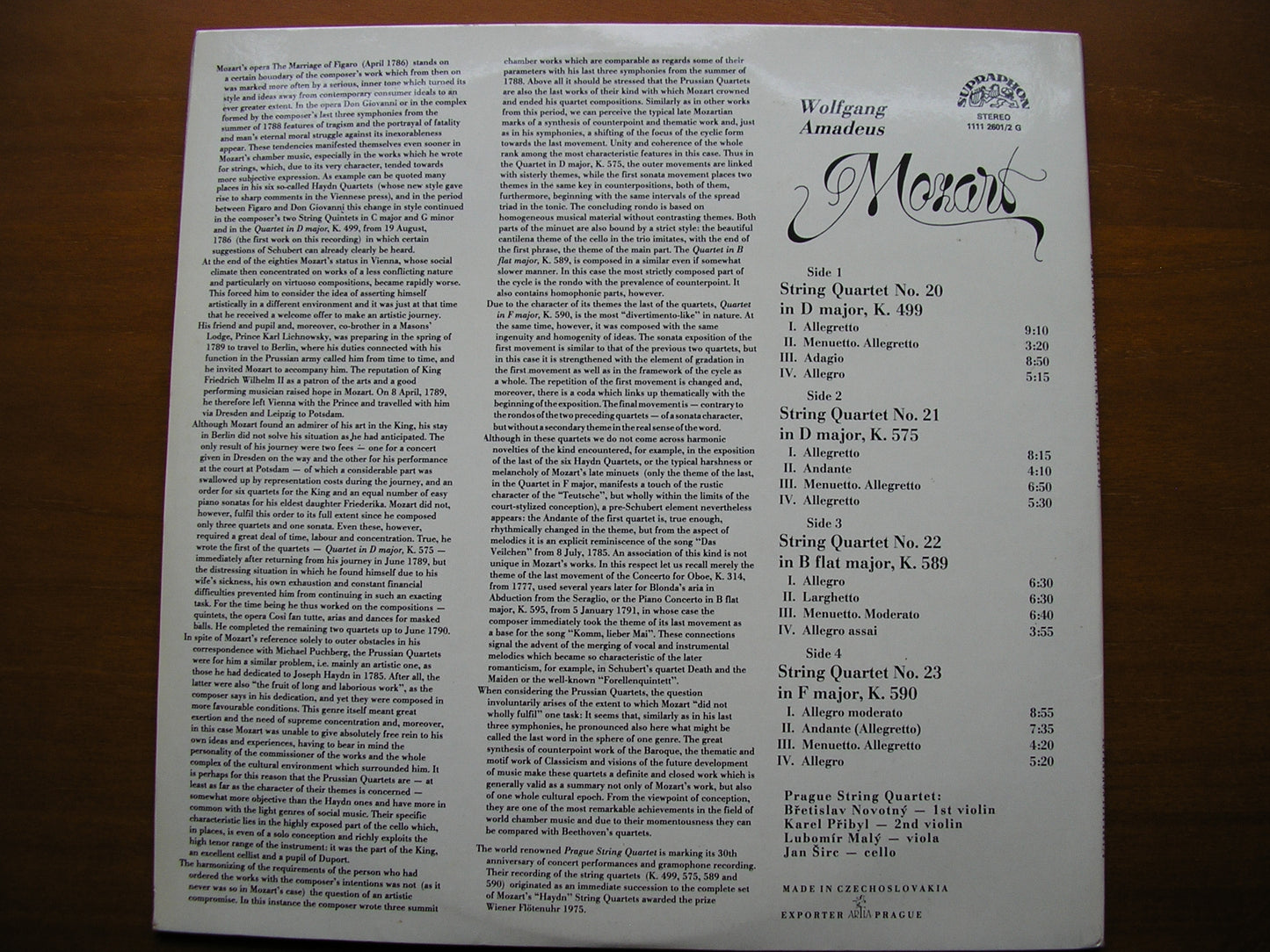 MOZART: STRING QUARTETS Nos.20 - 23      PRAGUE STRING QUARTET    2LP     1111 2601/2
