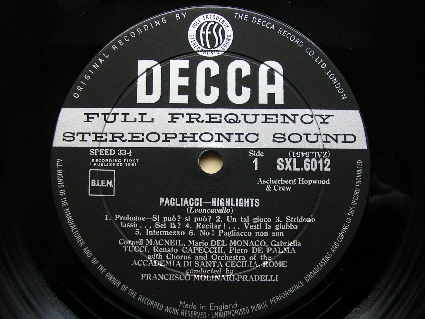 SXL 6012  LEONCAVALLO: PAGLIACCI  / MASCAGNI: CAVALLERIA RUSTICANA     DEL MONACO / SERAFIN        ED1