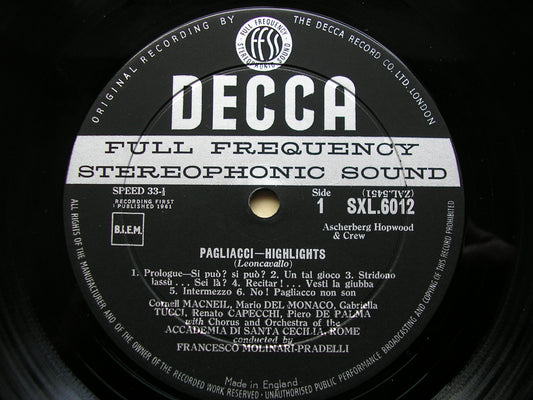 SXL 6012  LEONCAVALLO: PAGLIACCI  / MASCAGNI: CAVALLERIA RUSTICANA     DEL MONACO / SERAFIN        ED1