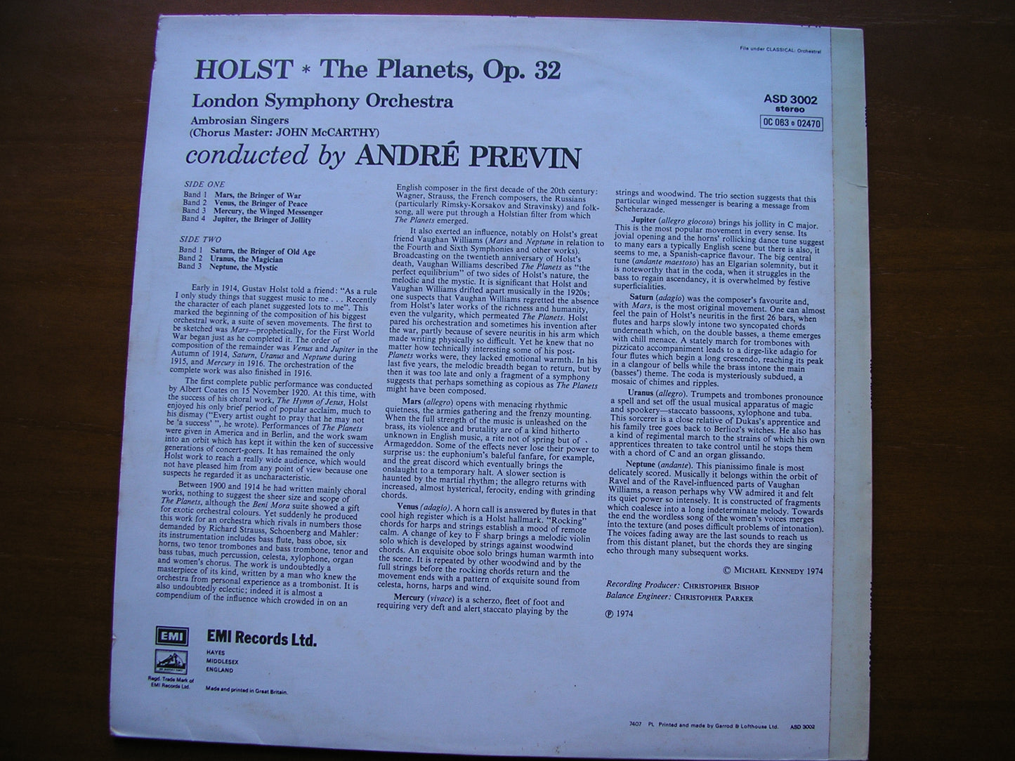 HOLST: THE PLANETS     ANDRE PREVIN / LONDON SYMPHONY ORCHESTRA     ASD 3002