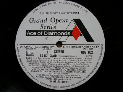 HONEGGER:  KING DAVID  a symphonic psalm  / RAVEL: SONGS     SOLOISTS / SUISSE ROMANDE / ANSERMET    2LP     GOS 602/3