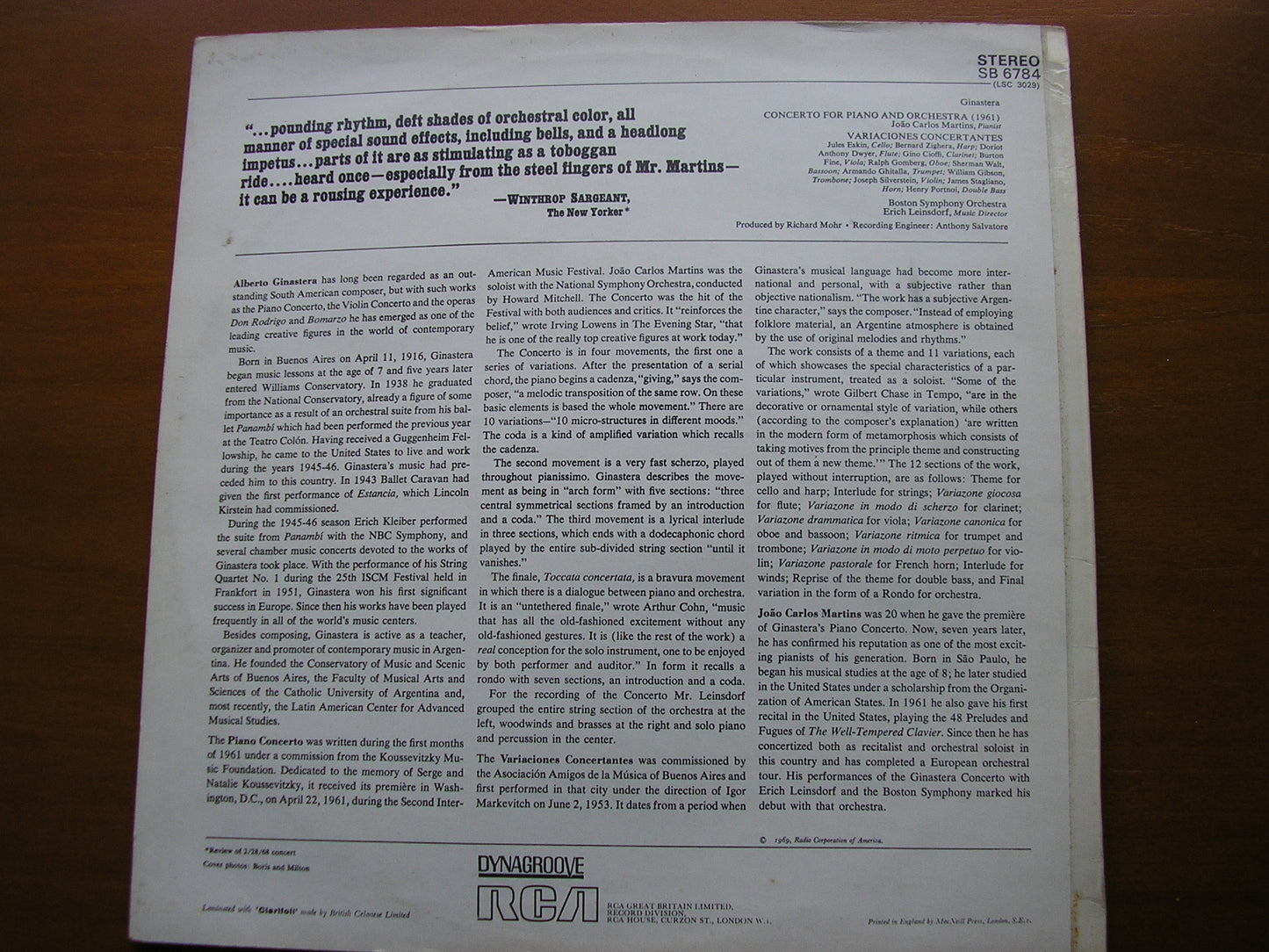 GINASTERA: PIANO CONCERTO / VARIACIONES CONCERTANTES     MARTINS / BOSTON SYMPHONY / LEINSDORF      SB 6784