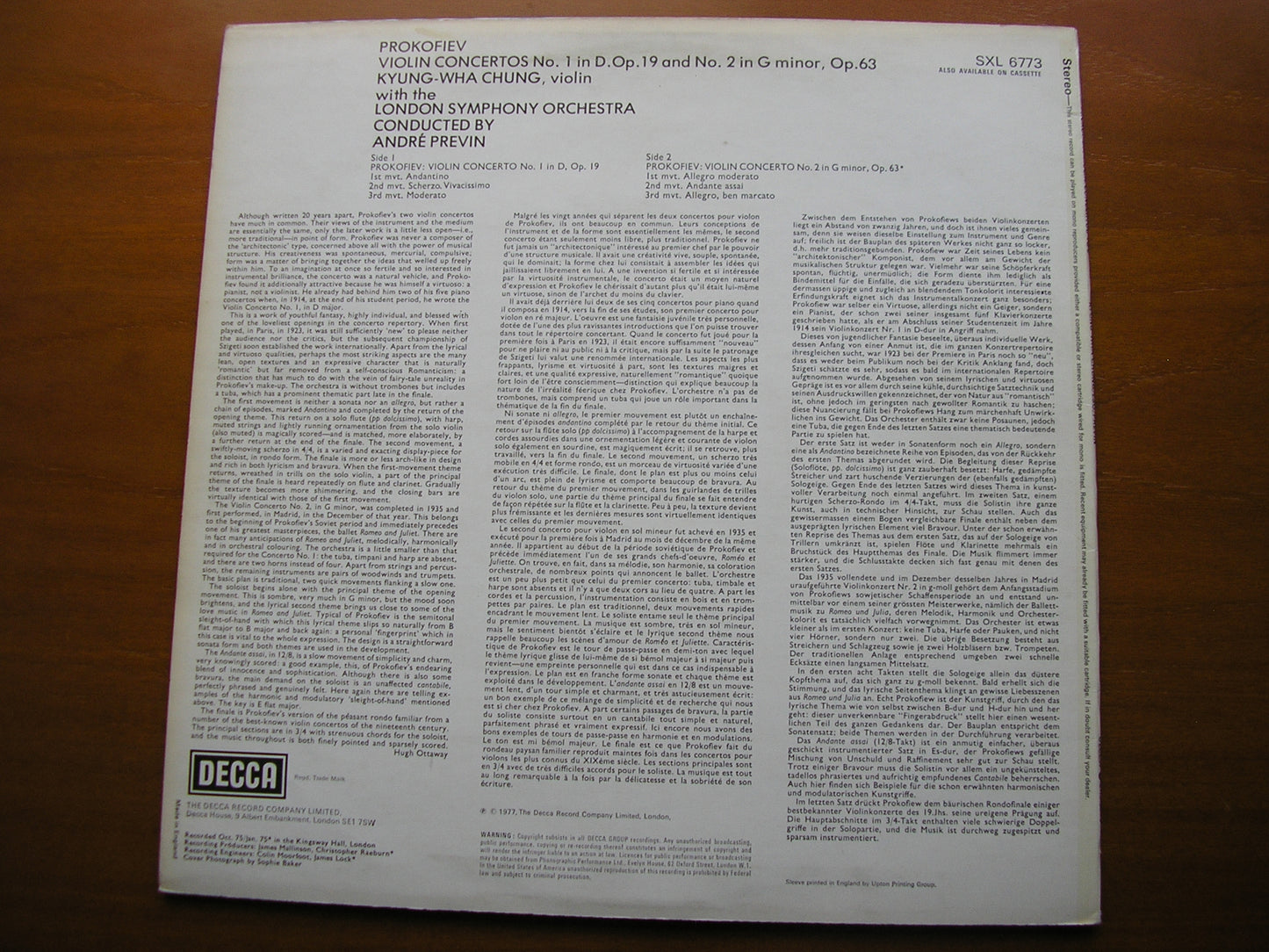 PROKOFIEV: VIOLIN CONCERTOS Nos. 1 & 2      KYUNG WHA CHUNG / LONDON SYMPHONY  / ANDRE PREVIN    SXL 6773