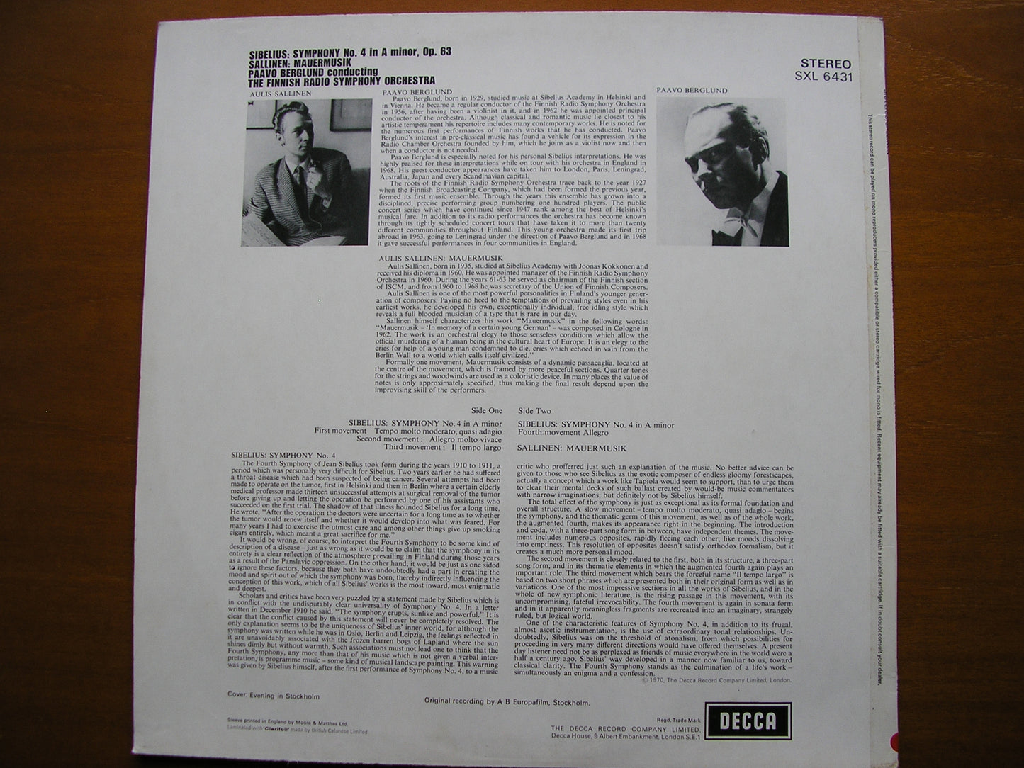 SXL 6431 SIBELIUS: SYMPHONY No. 4 / SALLINEN: MAUERMUSIK      BERGLUND / FINNISH RADIO ORCHESTRA    ED3