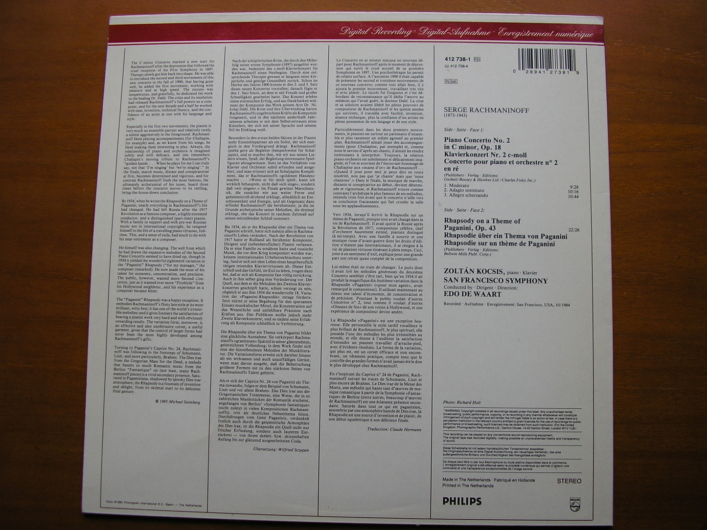 RACHMANINOV: PIANO CONCERTO No. 2 / RHAPSODY     KOCSIS / SAN FRANCISCO SYMPHONY / DE WAART     412  738