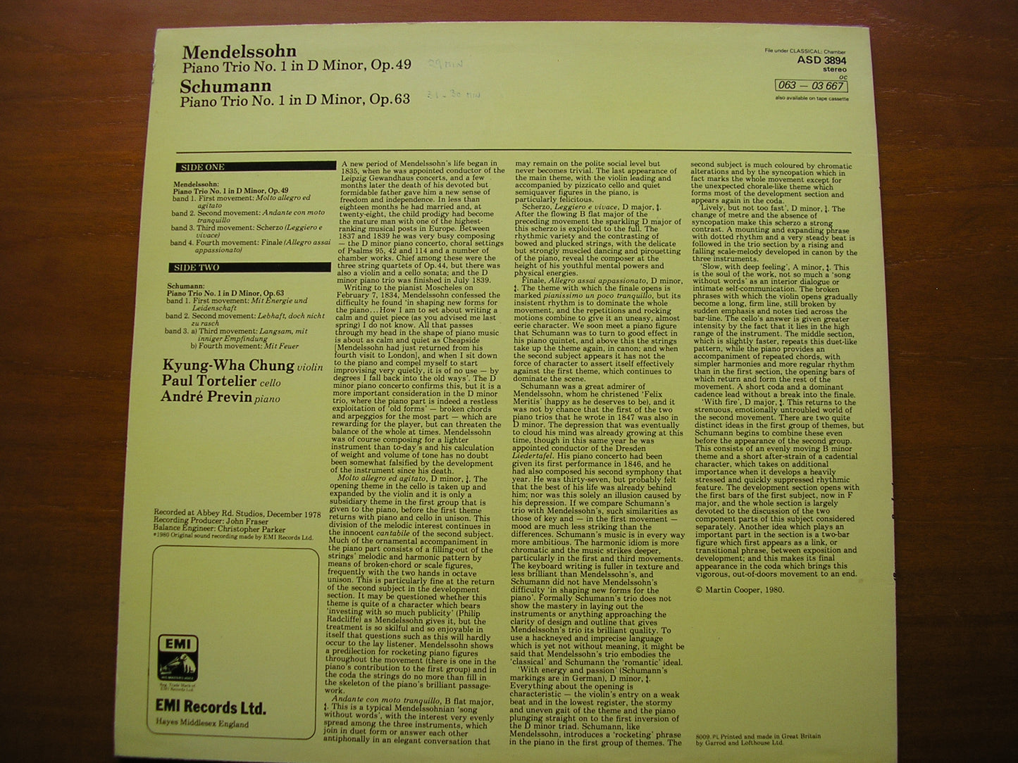 MENDELSSOHN: PIANO TRIO Op. 49 / SCHUMANN: PIANO TRIO Op. 63     ANDRE PREVIN / CHUNG / TORTELIER    ASD 3894