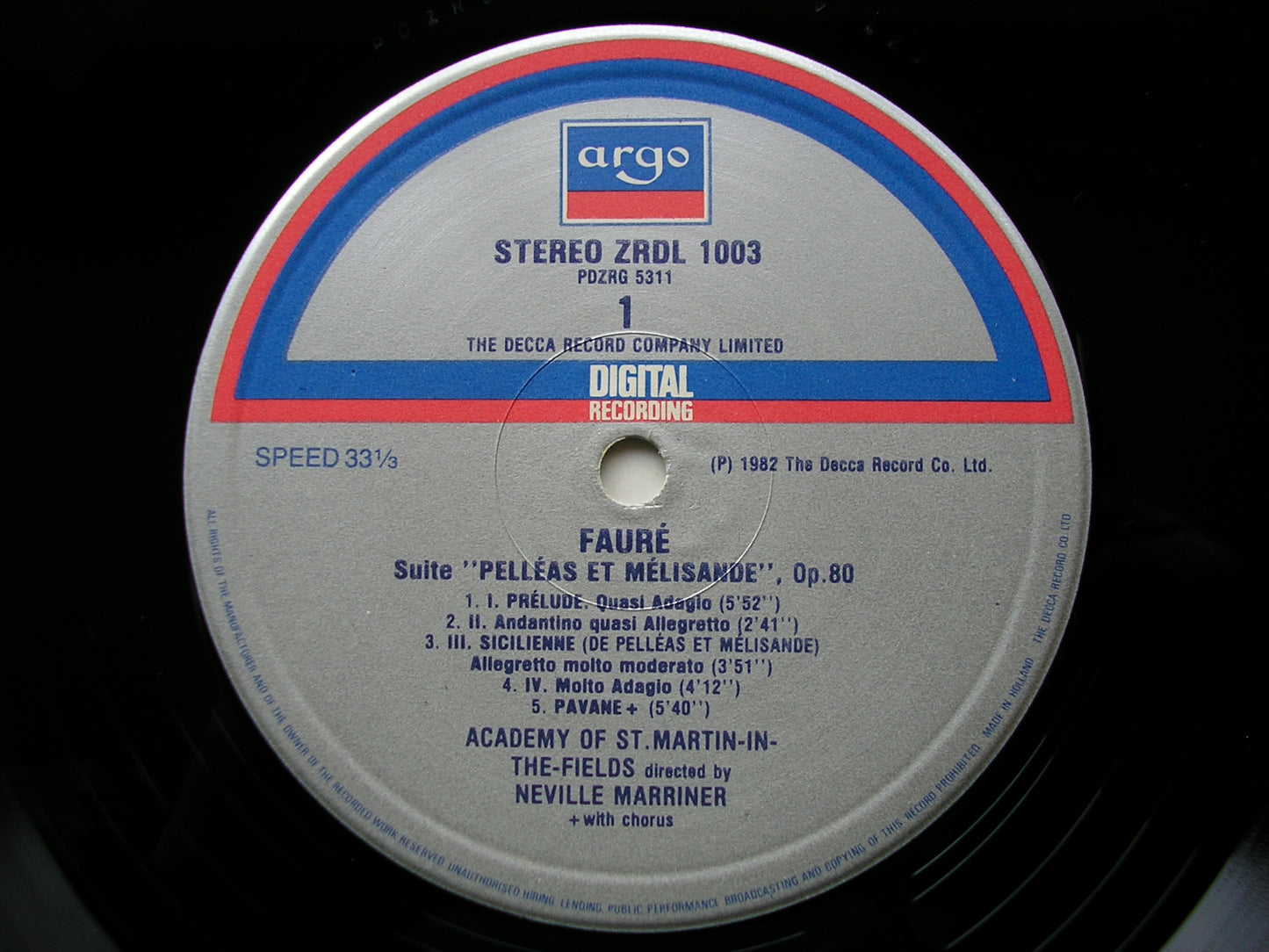 FAURE: PELLEAS & MELISANDE Suite / MASQUES ET BERGAMASQUES / PAVANE / FANTAISIE      ASMIF / MARRINER     ZRDL 1003