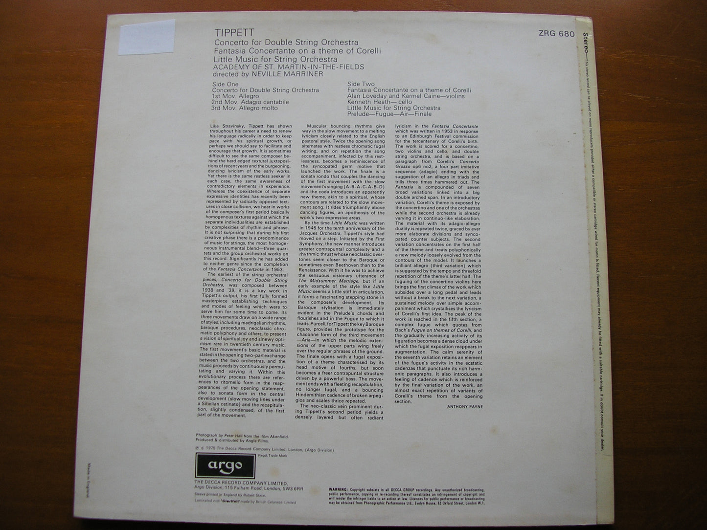 TIPPETT: CORELLI FANTASIA / CONCERTO FOR DOUBLE STRING ORCHESTRA / LITTLE MUSIC       ASMIF / MARRINER     ZRG 680