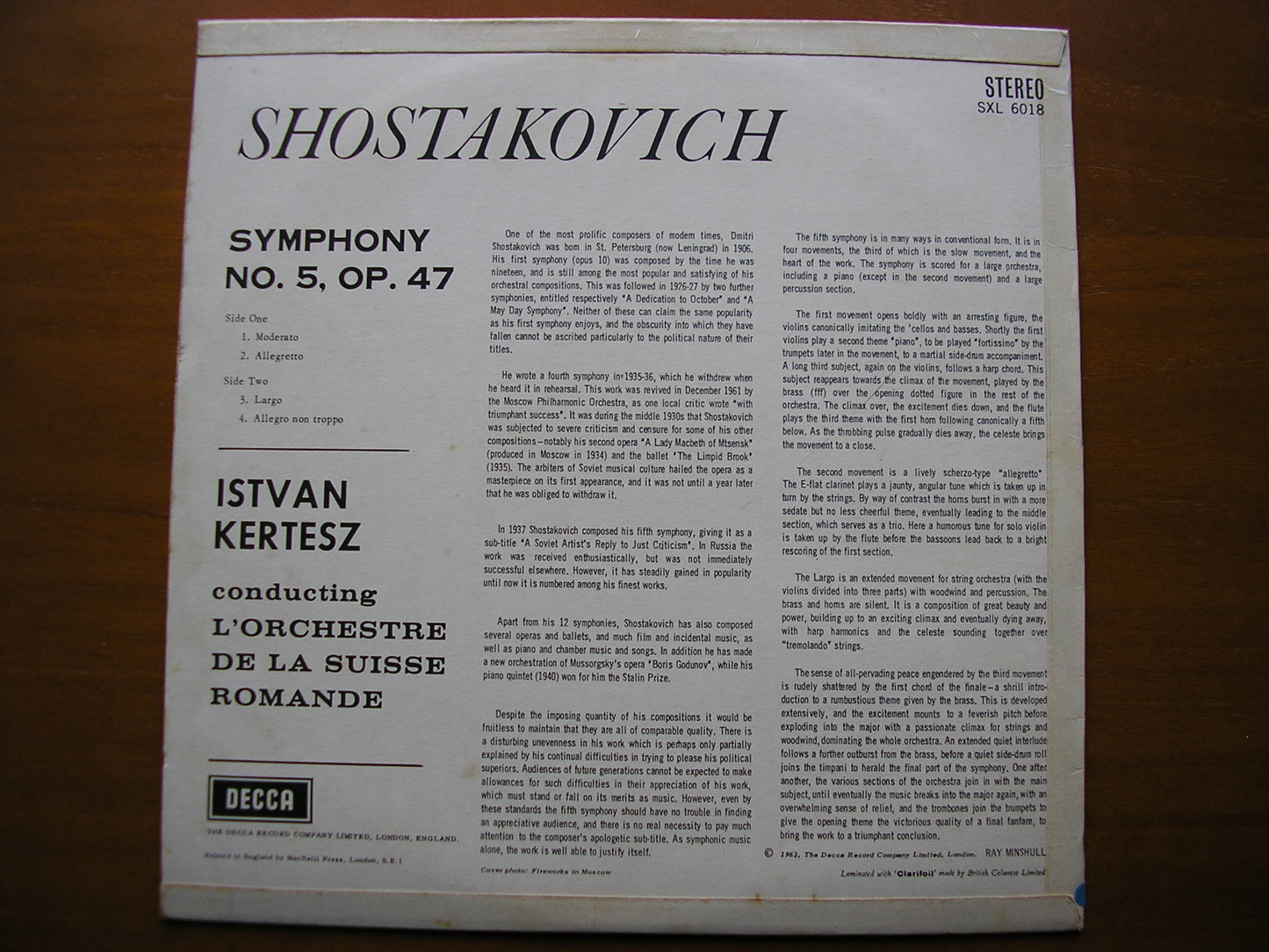 SXL 6018  SHOSTAKOVICH: SYMPHONY No. 5       KERTESZ / SUISSE ROMANDE      ED1