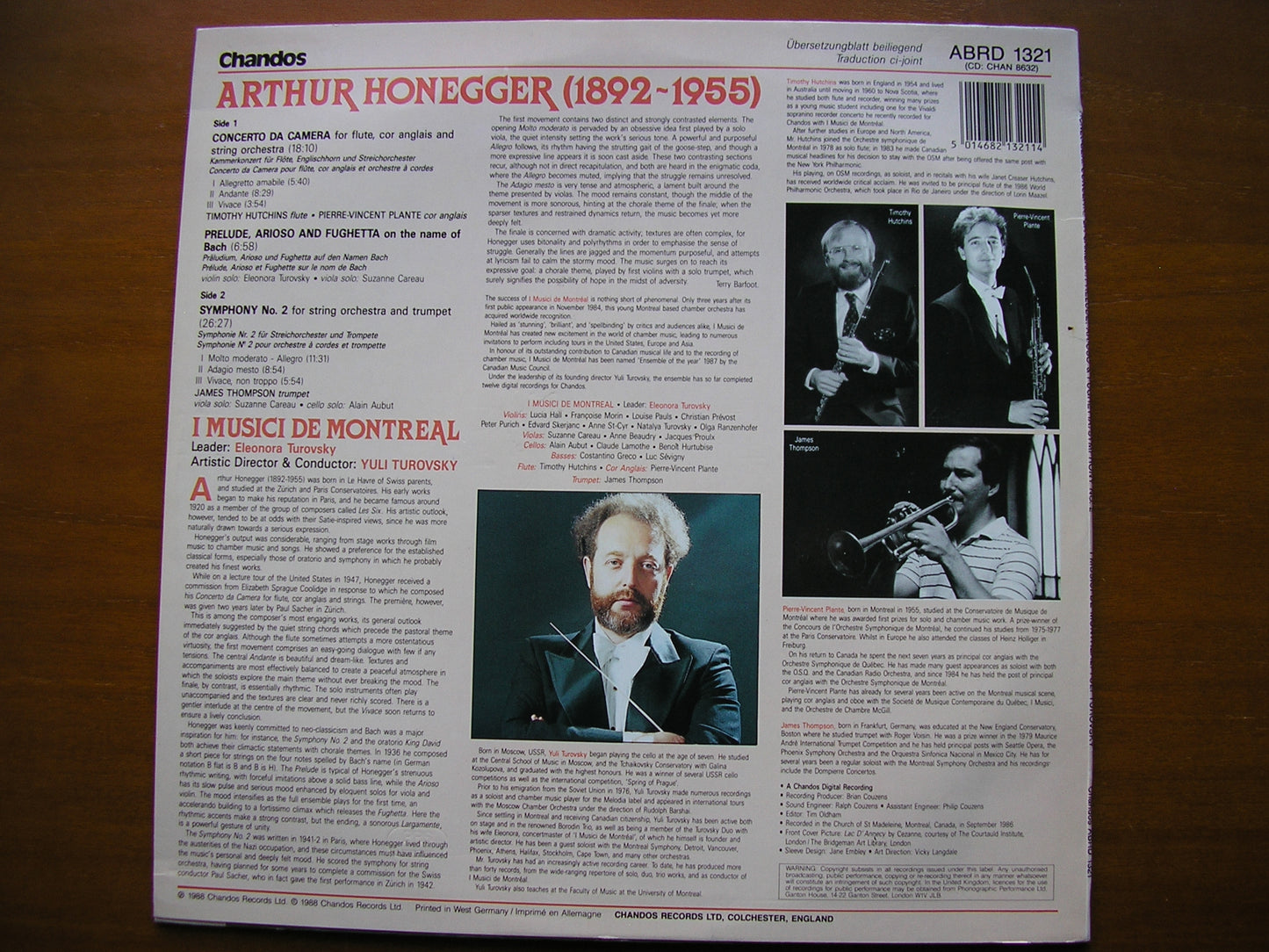 HONEGGER: SYMPHONY No. 2 / CONCERTO DA CAMERA / PRELUDE      TUROVSKY / I MUSICI DE MONTREAL   ABRD 1321