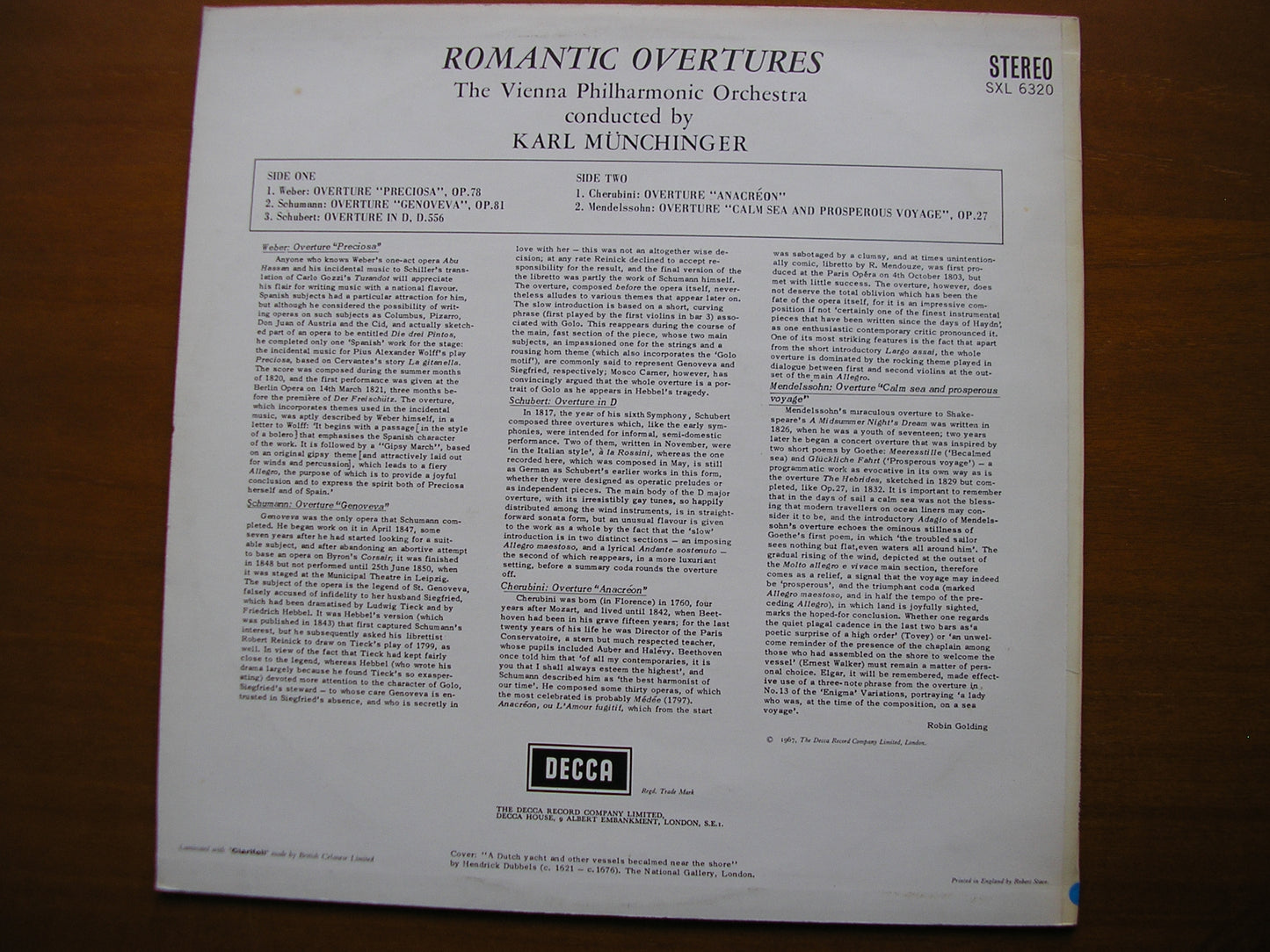 SXL 6320  ROMANTIC OVERTURES: WEBER / SCHUMANN / SCHUBERT / CHERUBINI / MENDELSSOHN     VIENNA PHILHARMONIC / MUNCHINGER    ED1