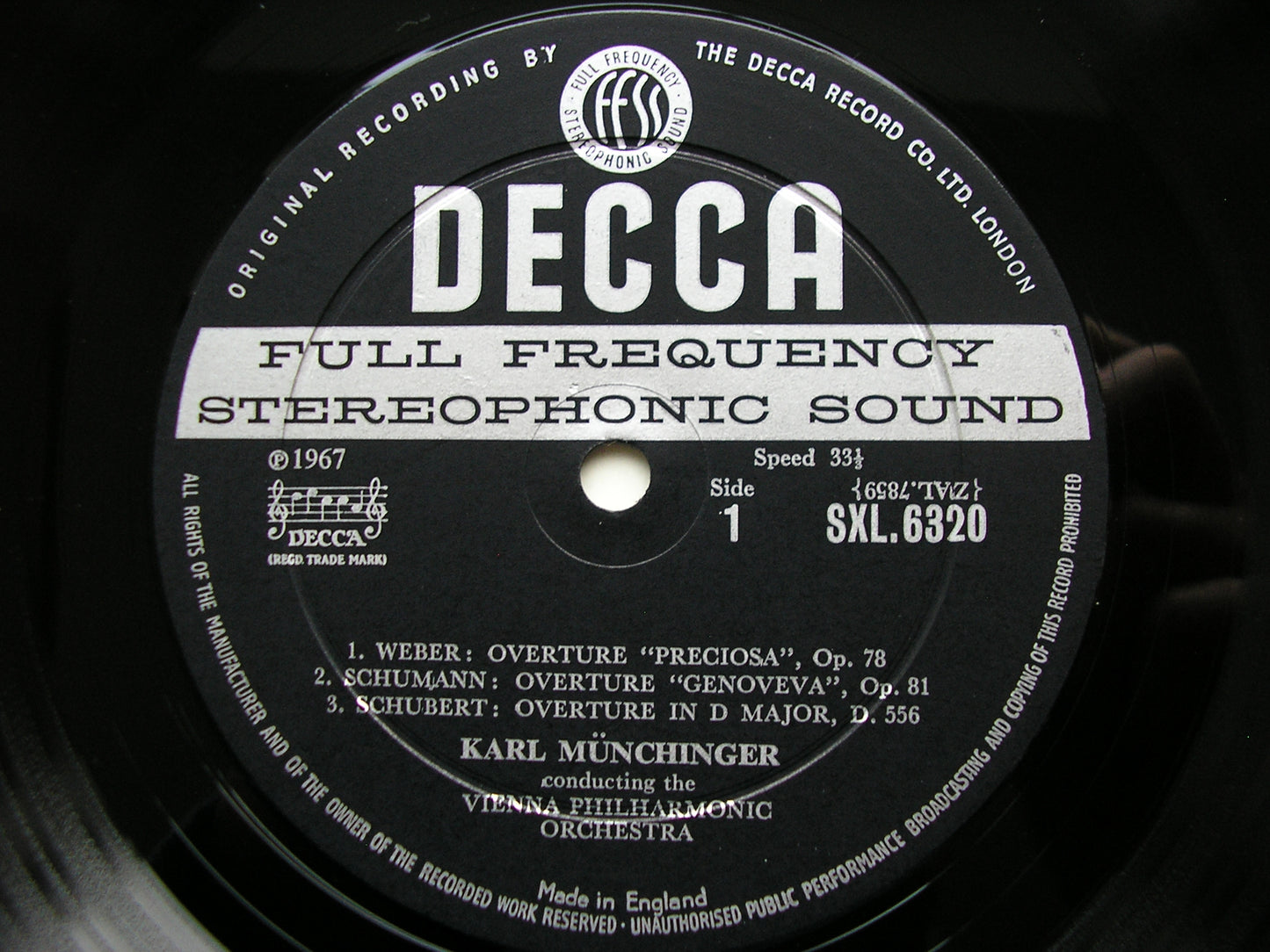 SXL 6320  ROMANTIC OVERTURES: WEBER / SCHUMANN / SCHUBERT / CHERUBINI / MENDELSSOHN     VIENNA PHILHARMONIC / MUNCHINGER    ED1