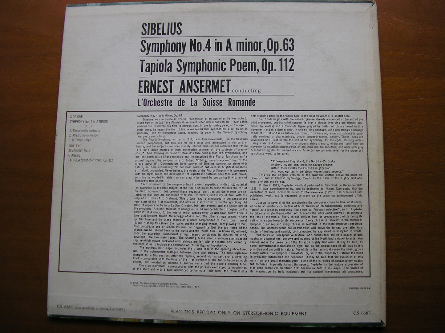SIBELIUS: SYMPHONY No. 4 / TAPIOLA       ANSERMET / SUISSE ROMANDE      CS 6387