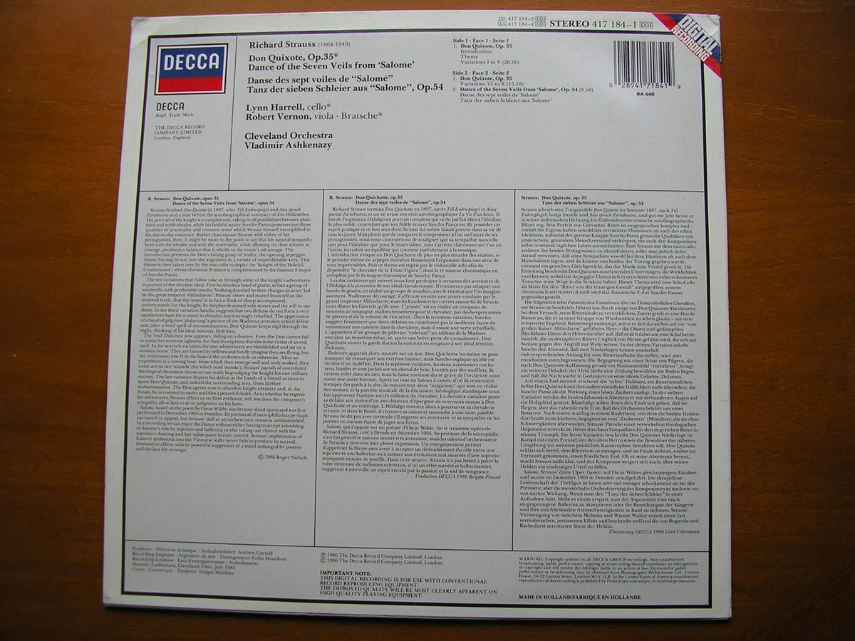 STRAUSS: DON QUIXOTE     HARRELL / CLEVELAND ORCHESTRA / ASHKENAZY     417 184