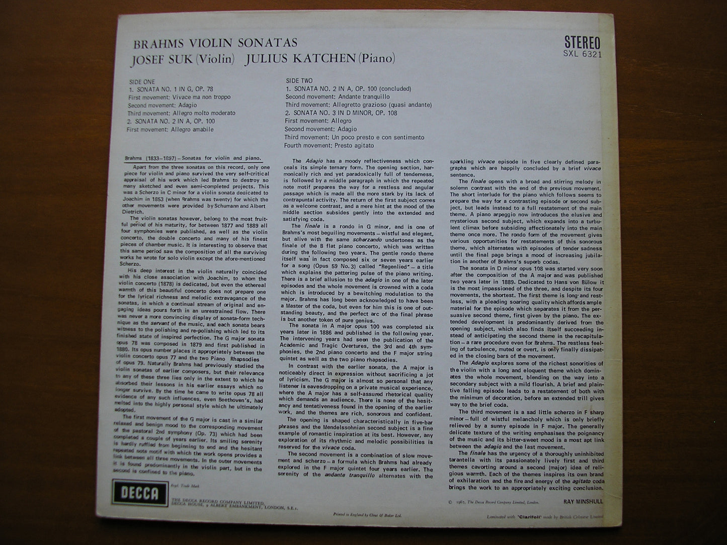 SXL 6321  BRAHMS: VIOLIN SONATAS Nos. 1 / 2 / 3     JOSEF SUK / JULIUS KATCHEN     ED2