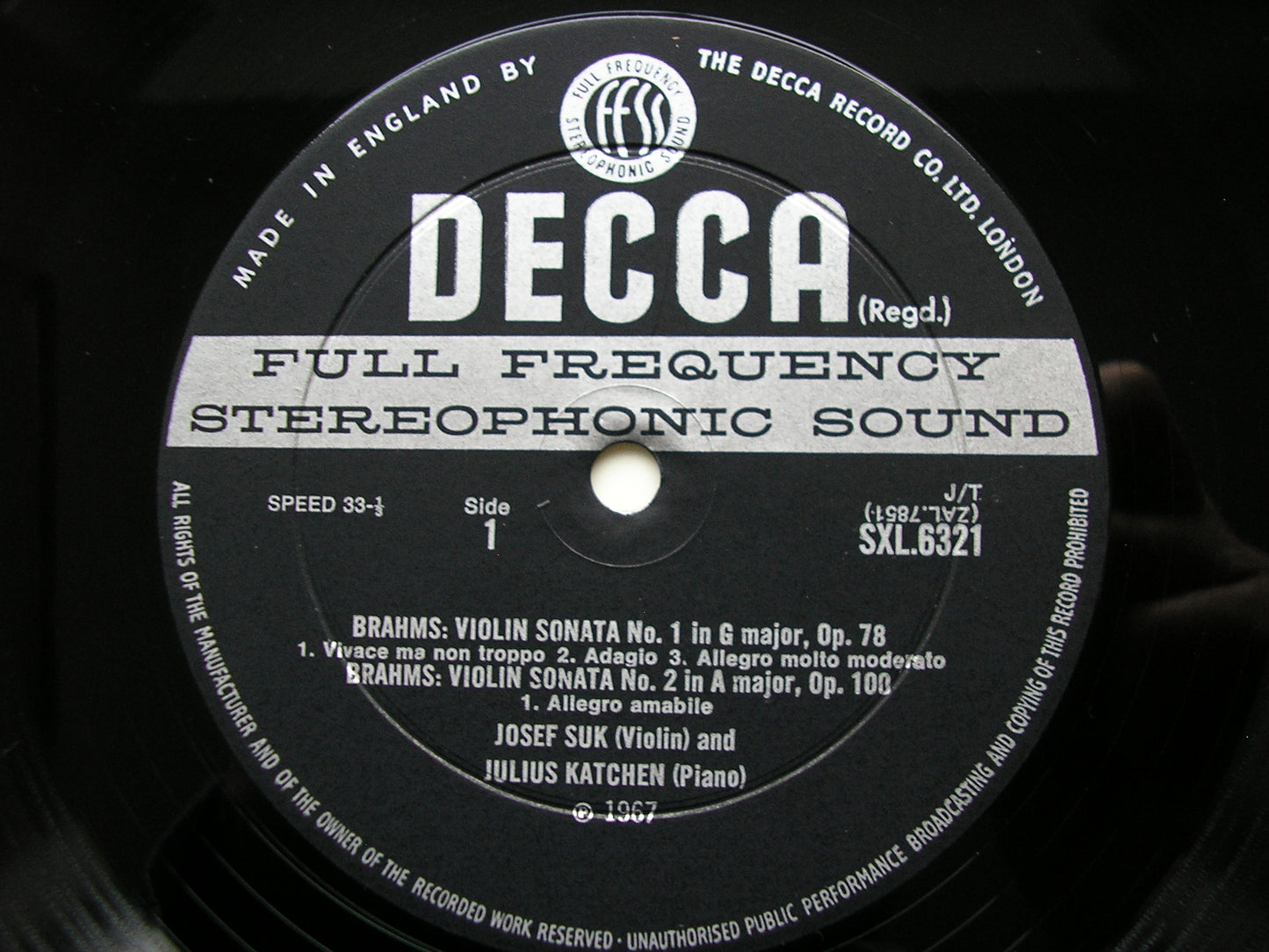 SXL 6321  BRAHMS: VIOLIN SONATAS Nos. 1 / 2 / 3     JOSEF SUK / JULIUS KATCHEN     ED2