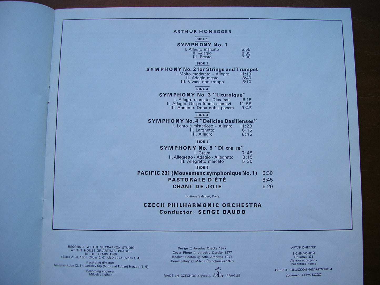 HONEGGER: THE FIVE SYMPHONIES / PACIFIC 231 / PASTORALE D'ETE / CHANT DE JOIE     BAUDO / CZECH PHILHARMONIC     3LP    110 1741-3