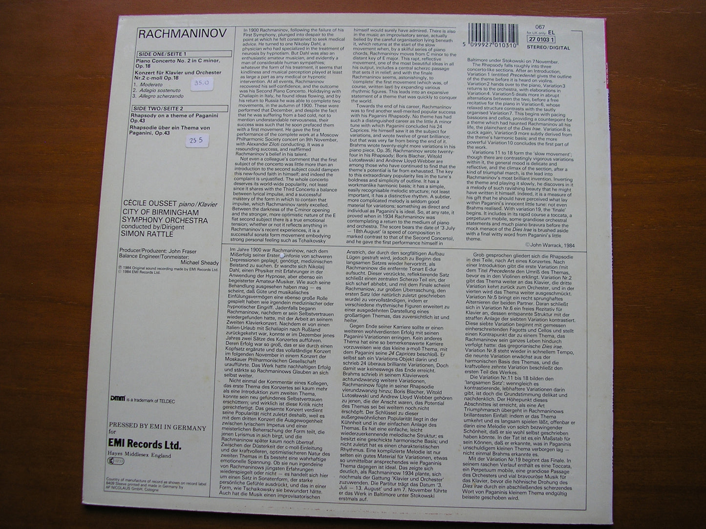 RACHMANINOV: PIANO CONCERTO No. 2 / RHAPSODY     OUSSET / CITY OF BIRMINGHAM SYMPHONY / RATTLE    27 0103