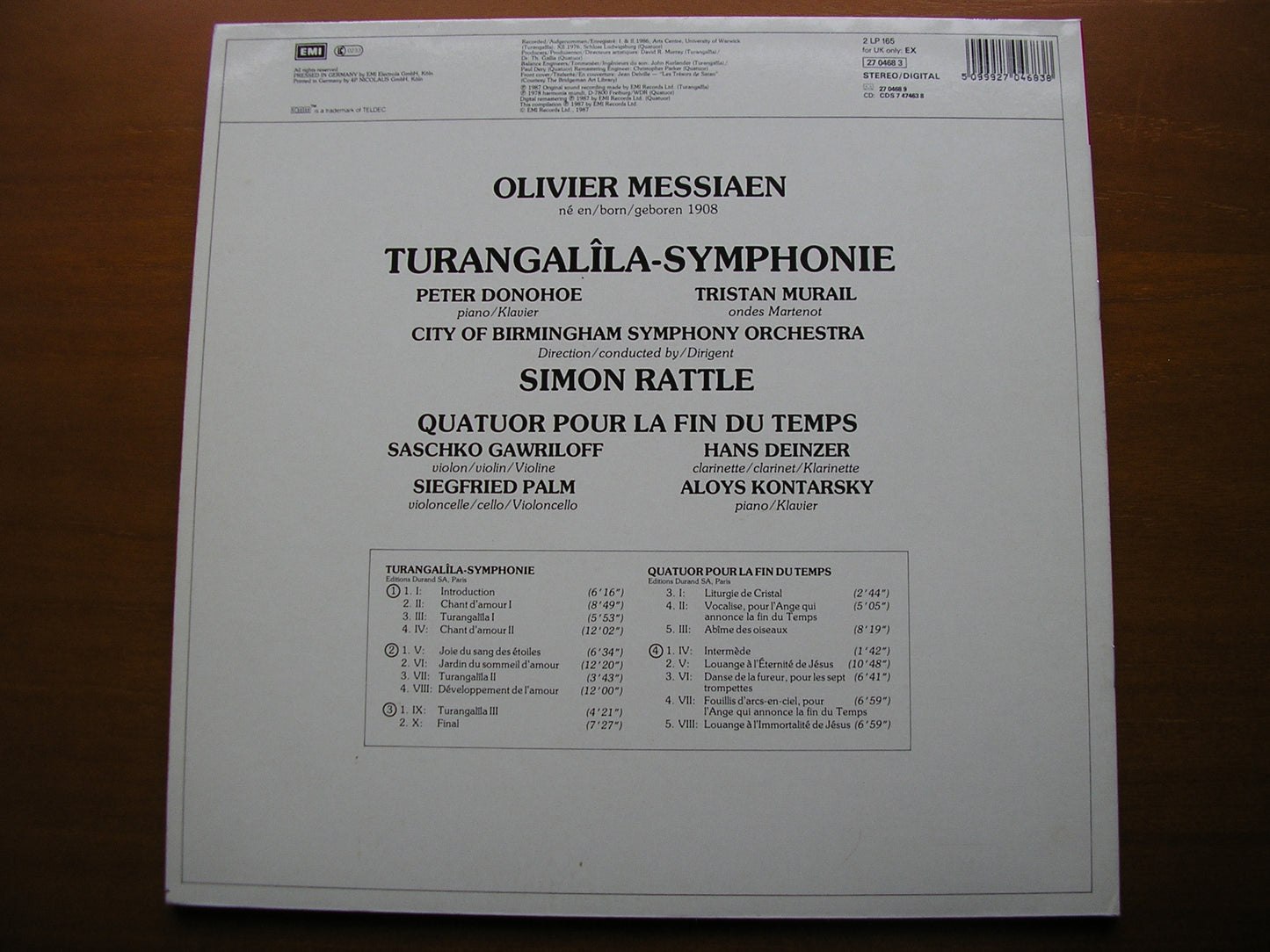 MESSIAEN: TURANGALILA SYMPHONIE / QUARTET FOR THE END OF TIME    SOLOISTS / CBSO / RATTLE    2 LP     27 0468