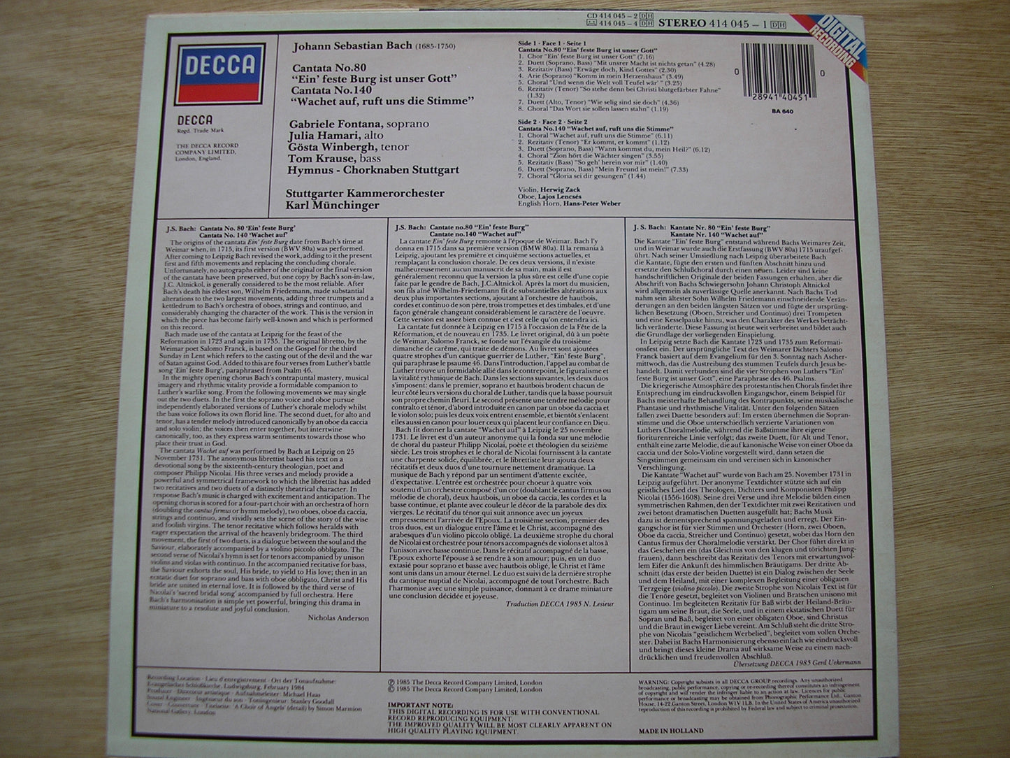 BACH: CANTATAS Nos. 80 & 140    SOLOISTS / STUTTGART CHAMBER ORCHESTRA / MUNCHINGER      414 045