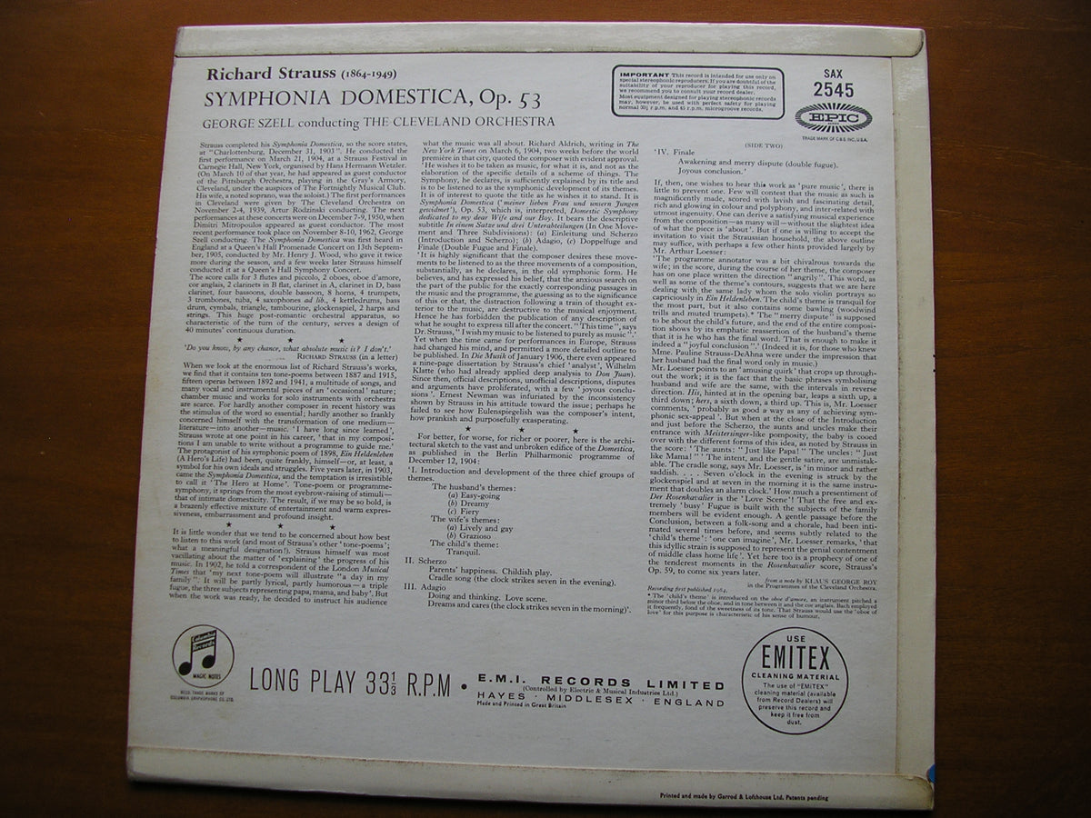 STRAUSS: SINFONIA DOMESTICA     SZELL / CLEVELAND ORCHESTRA      SAX 2545