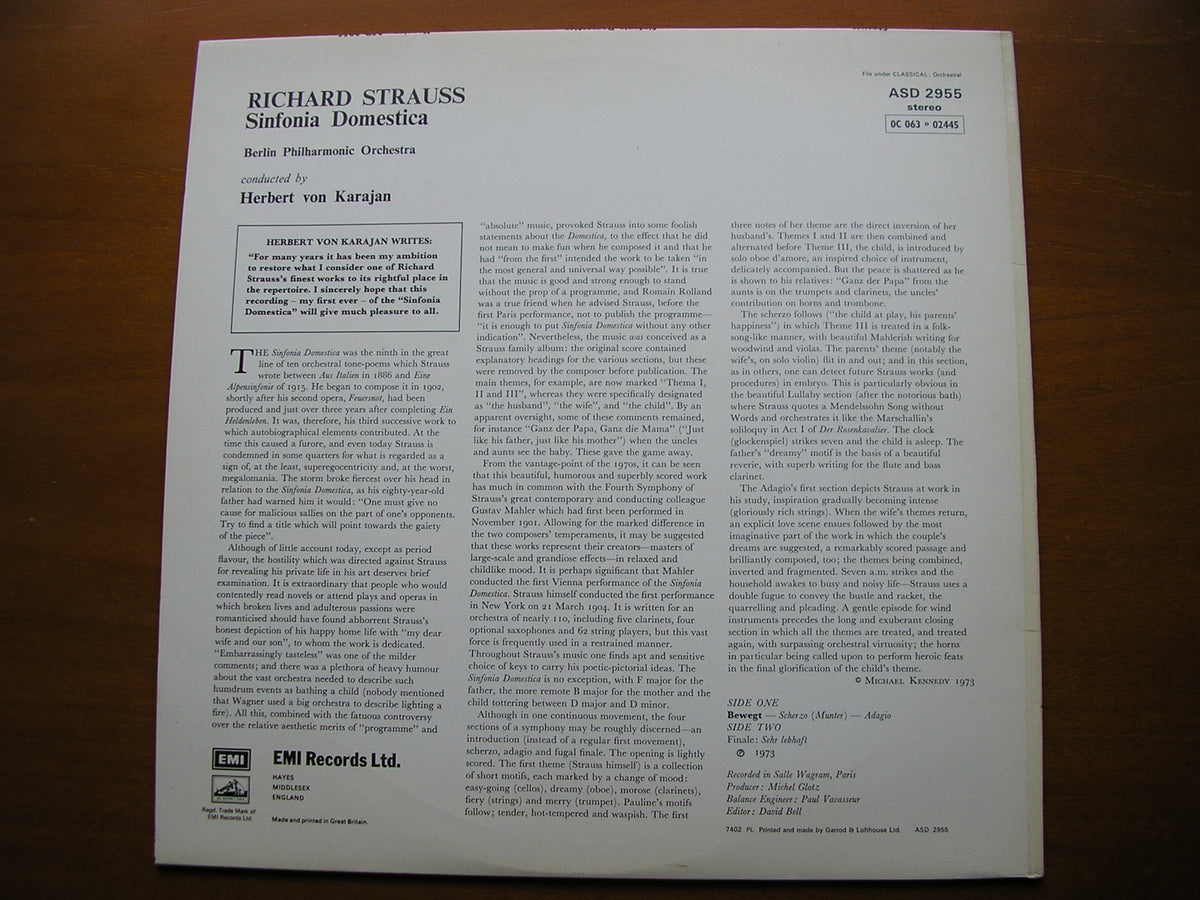 STRAUSS: SINFONIA DOMESTICA     KARAJAN / BERLIN PHILHARMONIC     ASD 2955