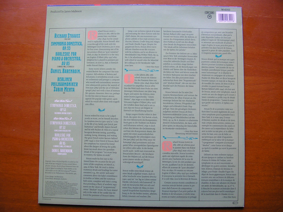 STRAUSS: SINFONIA DOMESTICA / BURLESKE     BARENBOIM / BERLIN PHILHARMONIC / MEHTA      M 42322