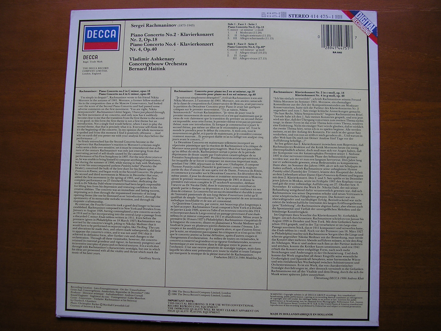 RACHMANINOV: PIANO CONCERTOS Nos. 2 & 4     ASHKENAZY / CONCERTGEBOUW / HAITINK    414 475