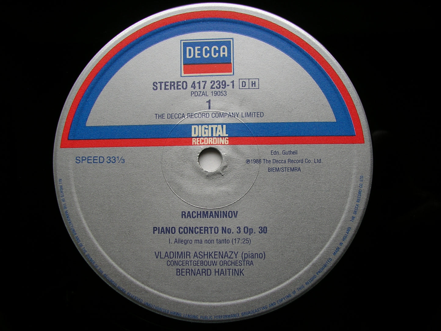 RACHMANINOV: PIANO CONCERTO No. 3      ASHKENAZY / CONCERTGEBOUW / HAITINK    417 239